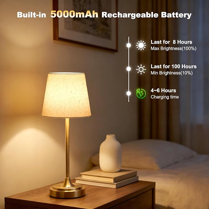 Wowag Cordless Table Lamp Rechargeable,5000mAh Battery Operated Desk Lamp,3 Colors & 7 RGB Stepless Dimmable,Touch Control Ambient Light for Bedside,Bedroom,Dining Room,Living Room,Gold,FlaxenShade - Image 5