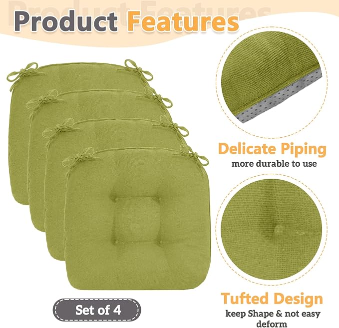 MAGIC ELEPHANT Chair Cushions for Dining Chairs, Memory Foam Kitchen Chair Cushions Set of 4, Non-Slip Thick Dining Room Chair Pads Seat Cushions, 15.5" x 15.5" x 4" (Sage Green) - Image 4