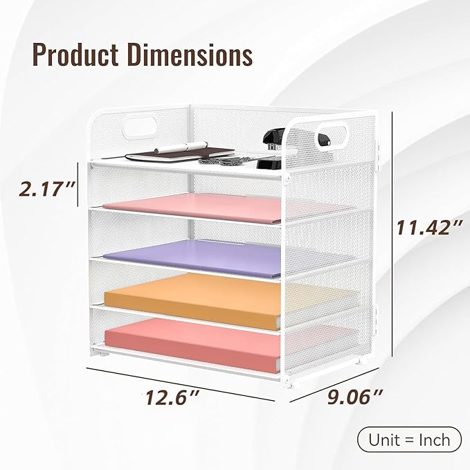 5 Trays Paper Organizer Letter Tray with Handle-Mesh Desk File Holders, Paper Sorter Desk Organizer for Office, Home, Classroom or School, White - Image 5