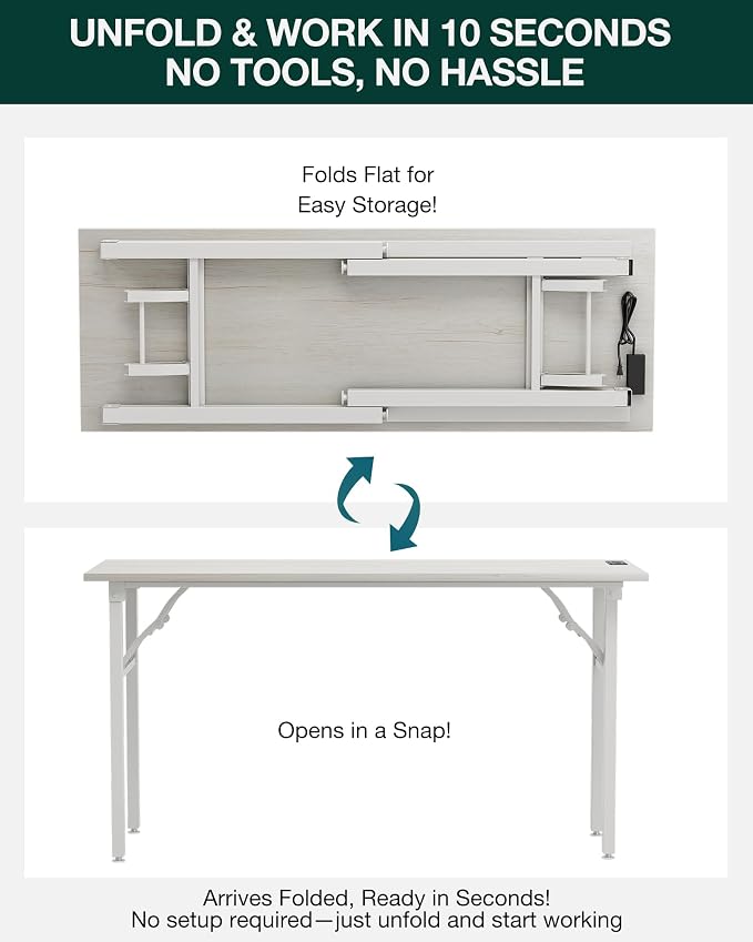 Small Folding Computer Desk – 55.1 Inch Portable Table for Craft and Study, Lightweight Desk for Small Spaces, Foldable Laptop Table Built-in AC/USB Outlets for Convenience, White Ash - Image 3