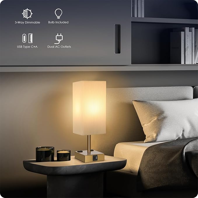 Set of 2 Bedside Table Lamp 3 Way Dimmable Nightstand Lamp with USB C & USB A Charging Port, 2 AC Outlets, 3000K LED Bulbs (Pleate) - Image 4