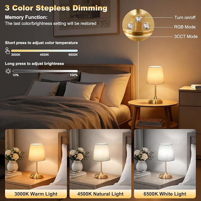 Wowag Small Cordless Table Lamp Rechargeable,5000mAh Battery Operated Desk Lamp,3 Colors & 7 RGB Stepless Dimmable,Touch Ambient Light for Bedside,Bedroom,Dining Room,Living Room,Gold,FlaxenShade - Image 2