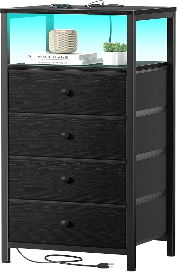 BOLUO Tall Night Stand with Drawers, Black Nightstand with Charging Station and LED Light, Small White 4 Drawer Dresser for Bedroom, Room Storage Closet by BOLUO