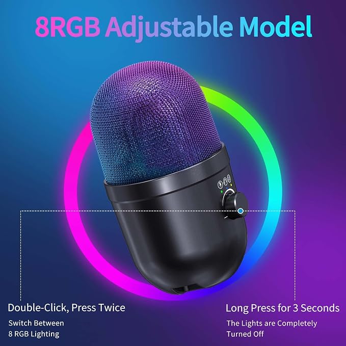 USB Gaming Condenser Microphone for PC/Desktop,192kHz/24Bit,Noise Cancellation,Monitoring,Quick Mute & RGB Lighting,USB PC Mic for Laptop,Podcast,Streaming,Recording Black - Image 8
