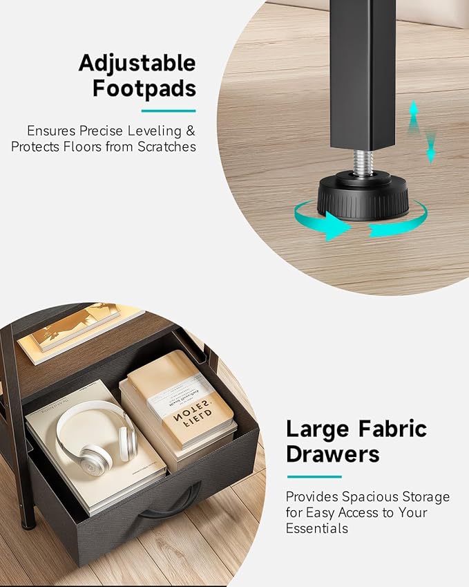 Lazzanto Nightstand with Rear Charging Station, LED Light, 2 Drawers, Black | Industrial Nightstand, 2 USB-A Ports & AC Outlets, Raised Back Guard, Fabric Storage Drawers, Bedside Table for Bedroom, Dorm - Image 6