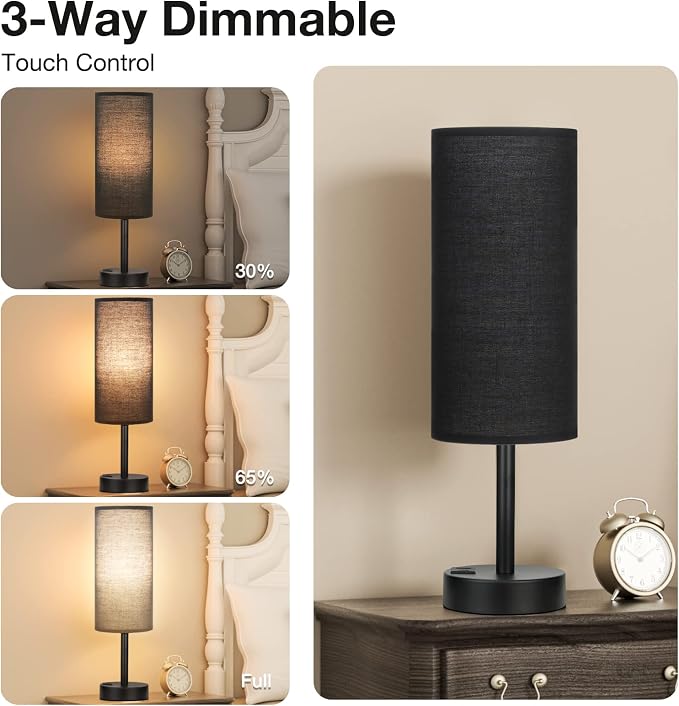 Black Touch Table Lamp for Bedroom - Small Bedside Desk Lamp for Kids | USB A+C Ports, 3-Way Dimmable, LED Bulb Included, Black Fabric Lampshade, Matt Black Metal Base, 14" Night Stand Lamp - Image 3