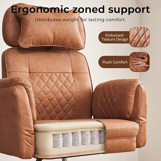 Big and Tall Ergonomic Office Chair, Criss Cross Desk Chair with Pivot Arms | High Back Executive Leather Chair with Spring Seat, Wide Computer Gaming Chair for Home, Makeup & Bedroom, Brown, 49.6”H×22”W - Image 5