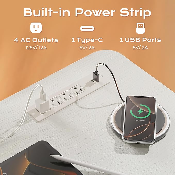 Huuger 63 X 24 Inch Electric Standing Desk with Power Outlets and USB-C Port, Height Adjustable Desk, Sit Stand Desk for Home Office, Computer & Gaming Desk with 4 Presets, Stable Steel Frame, White - Image 4