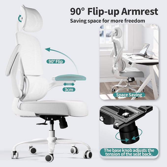 TRALT Office Chair Ergonomic Desk Chair - Gaming Chair with Lumbar Support | 330 LBS Home Office Desk Chairs with Headrest, Reading Chair with Flip-up Armrests, Comfortable Computer Chairs (1, White) - Image 3