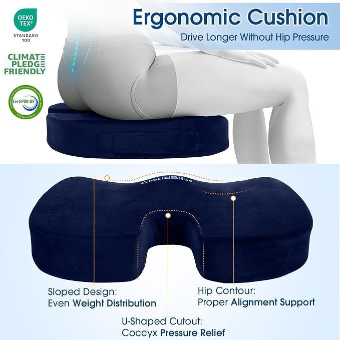 CloudBliss Ergonomic Seat Cushion & Lumbar Support Pillow Set, Blue, XL | Back Pain & Sciatica Relief, Memory Foam Support, Adjustable Straps, Machine Washable Velvet, Perfect for Office, Car, Gaming - Image 6