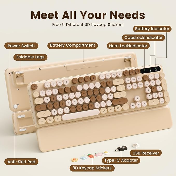 Wireless Keyboard, Round Keycaps, Retro Typewriter Keyboard with Magnetic Wrist Rest, Sleep Mode, Foldable Legs, 2.4GHz Full-Size Cordless Computer Keyboard for Windows PC, Laptop (Beige & Brown) - Image 8