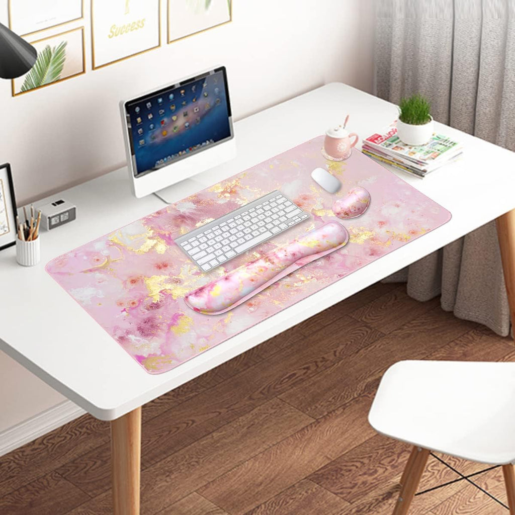 Large Mouse Pad and Keyboard Wrist Rest, Desk Pad for Keyboard and Mouse, 4-in-1 Large Gaming Mouse Pad with Wrist Support, Non-Slip Desk Mat for Home Office Study Game-Pink Gold Marble - Image 7