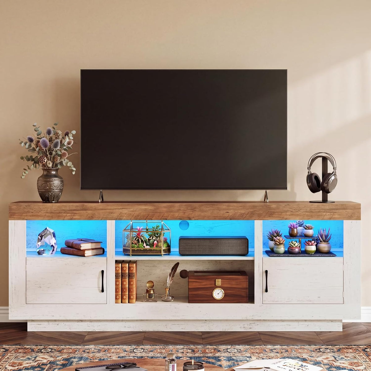 TEENFON TV Stand for 75 inch TV, Entertainment Center with LED Lights & Adjustble Shelves, TV Console, 27.6" H Media Console with Open Storage & Side Cabinets, TV Stands for Living Room, Cloud White by TEENFON