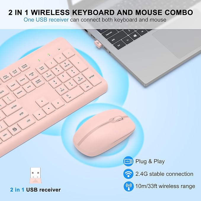 Wireless Keyboard and Mouse Combo, Full-Size Silent Ergonomic Keyboard and Optical Mouse, Long Battery Life, 2.4G Lag-Free Mice Keyboard for Computer, Mac, Laptop, PC, Windows(Pink) - Image 2