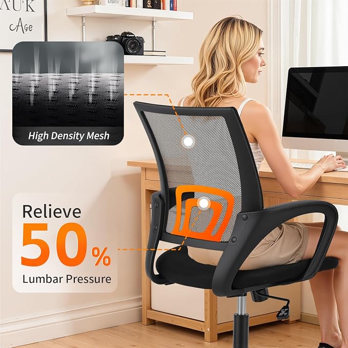 FDW Ergonomic Office Chair Home Desk Chair Task Mesh Computer Chair Gaming with Back Lumbar Support Armrest Modern Swivel Modern Adjustable Rolling Executive Mesh Chair for Women Men (Black) | with Lumbar Support & Adjustable Height | Breathable Mid-Ba... - Image 4