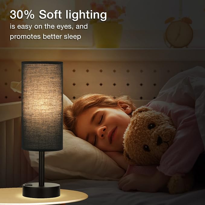 Black Touch Table Lamp for Bedroom - Small Bedside Desk Lamp for Kids | USB A+C Ports, 3-Way Dimmable, LED Bulb Included, Black Fabric Lampshade, Matt Black Metal Base, 14" Night Stand Lamp - Image 5