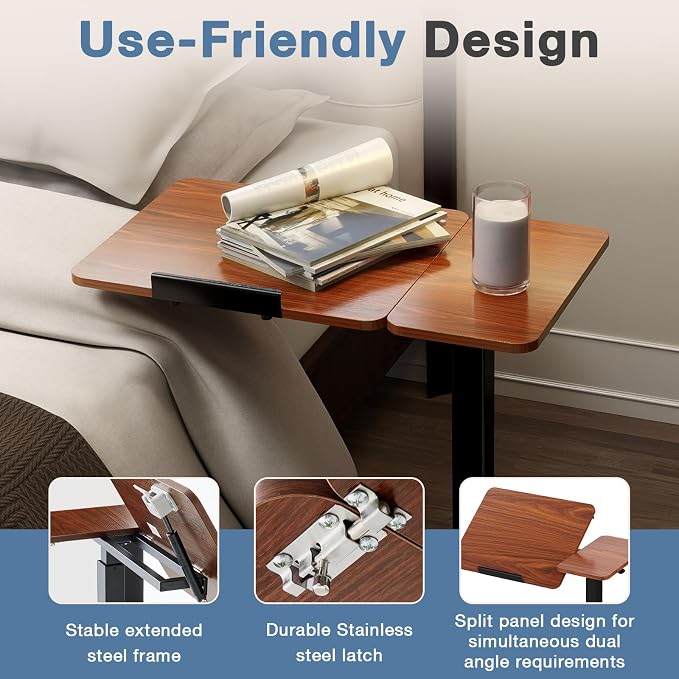 DUMOS Adjustable Bedside Overbed Table with Wheels, Brown | Laptop Standing Desk with Tilting Top Height, Mobile Rolling Computer Cart for Hospital Home Bedroom Use - Image 7