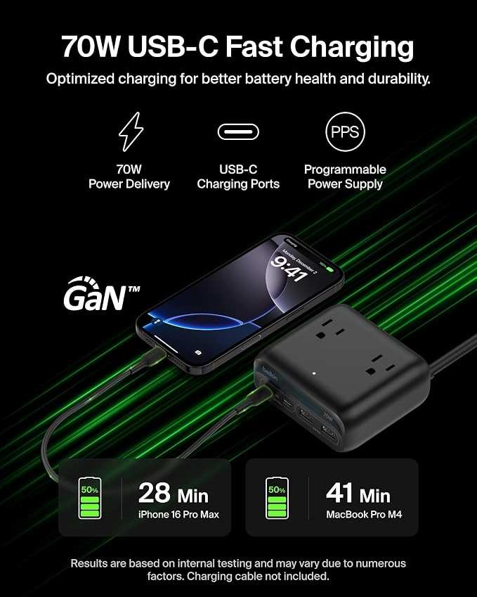 Belkin 70W GaN 7 in 1 Charging Station, 3X AC, 2X USB A, & 2X USB C Ports | Power strip, dual USB-C charger, iPhone 17/16/15, Apple Watch, iPad, MacBook, Samsung Galaxy S26, Pixel 10 - Image 3