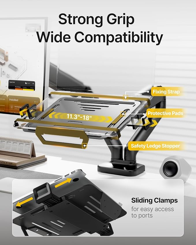 monTEK Dual Arm 2-in-1 Desk Mount, Laptop & Monitor, Fits 12–18" Laptops | Dual Arm Desk Mount with Ventilated Laptop Tray, Works for Laptop + Monitor,Full Motion Arm with Clamp/Grommet, 75/100 VESA - Image 4