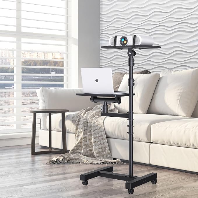 Projector Stand Tripod: 2 Shelves Mobile Laptop Cart Adjustable Height 45 to 64 Inches, Rolling Laptop Stand Cart with Ventilated Tray, Projector Tripod Stand on Wheels for Couch, Bedside, Meeting - Image 2