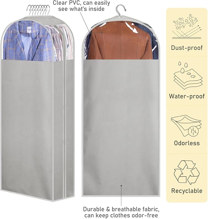 MISSLO 10" Gusseted Garment Bags for Hanging Clothes 50" Long Dress Bags for Closet Storage Dress Cover for Suits, Coats, 3 Packs, Grey - Image 5