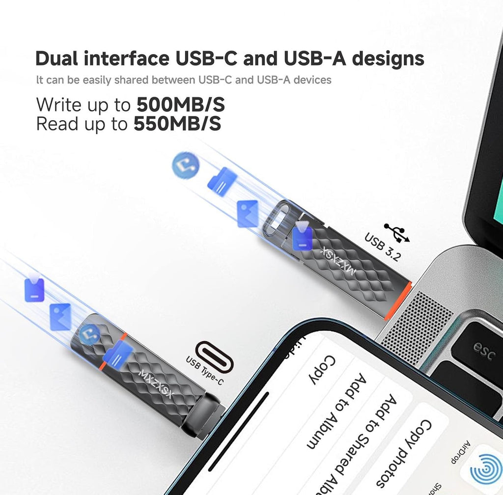 256GB External SSD Thumb Drive Up to 550MB/s USB Flash Drive,USB 3.2 + Type C, for iPhone 15/16/PS4/Android Phone/Tablet/Windows/Mac, Zinc Alloy Body - Image 2