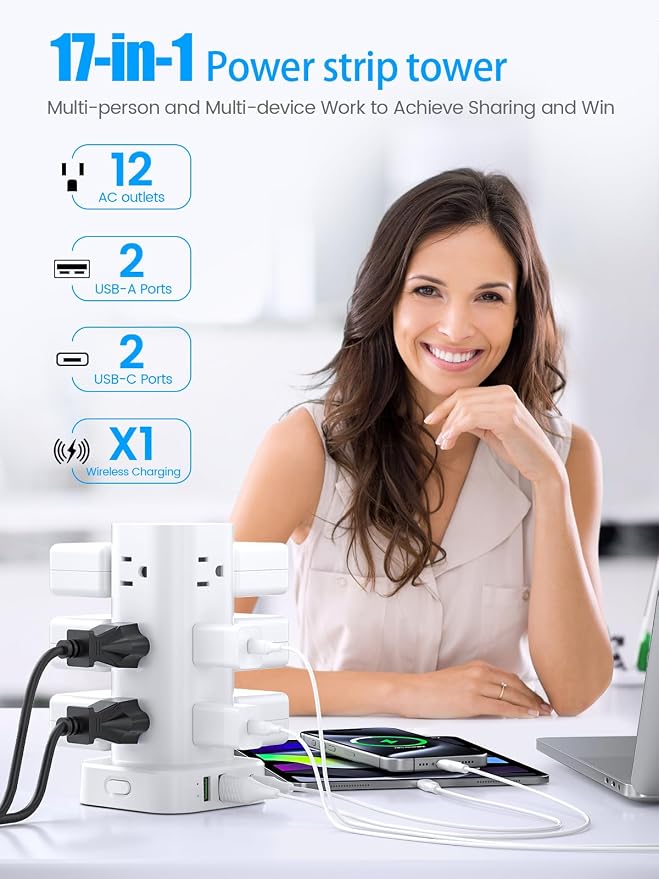 Tower Power Strip with 15W Wireless Charger, 10FT Flat Plug Extension Cord with Multiple Outlets, 12 AC Outlets, 4 USB Ports (2 USB C) Charging Station Surge Protector for Office Home Dorm Room(White) - Image 3