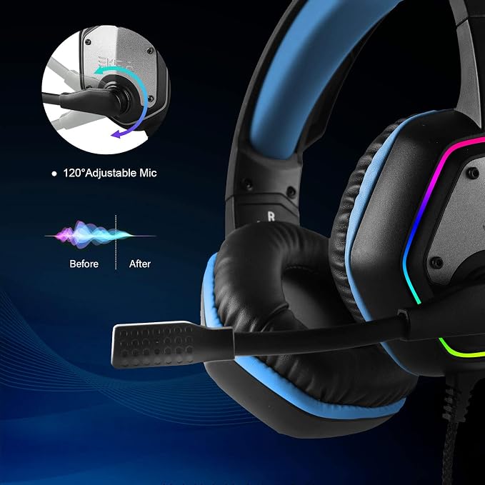 EKSA E1000 Gaming Headset, Computer Headphones with Noise Canceling Mic & RGB Light, 7.1 Surround Sound, Compatible with PC, PS4 PS5 Console, Laptop (Blue) - Image 3
