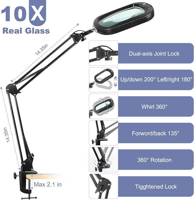 10X Large Magnifying Glass with Light and Clamp, Real Glass, 5 Color Modes, Stepless Dimmable, Lighted Magnifier with Stand Hands Free, LED Swing Arm Desk Lamp for Close Work, Craft, Reading, Painting - Image 7