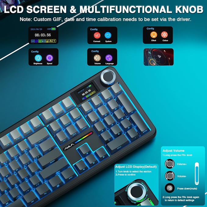 AULA F108 PRO - Wireless Mechanical Keyboard with Screen & Knob,Full Size Keyboard with 8000mAh Battery,Pre-lubed Switches,Side Printed PBT Keycaps,RGB Backlit Hot Swappable Custom Gaming Keyboards - Image 3