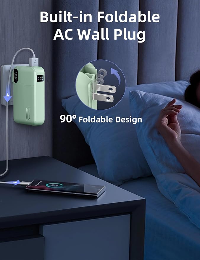 RORRY Portable Charger w/Wall Plug 10000mAh Power Bank 22.5W Battery Pack | Built in Cables, Fast Charging, for iPhone, iPad, Samsung Galaxy, Pixel, LG, Travel Essential, Digital Display, Pocket Size - Image 5