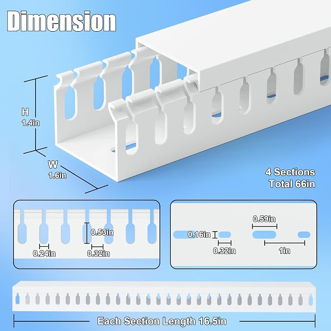 1.4"H x 1.6"W Cable Raceway, 66in Under Desk Wire Management Channel, White | Slotted Wire Duct, 4Pack, 16.5in Each, Heavy-Duty PVC Cable Management for Server Racks, Network Cables & Electrical Cabinets - Image 2