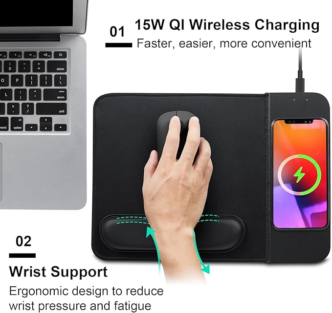 15W Wireless Charging Mouse Pad with Wrist Support, Fast Qi Wireless Charger Mouse Mat for iPhone 17/16/15/14/13/12/12 Pro/11/11Pro/XR/Xs/X, Samsung Galaxy S10/S9/S8 Plus Note 9/8 Multiple Devices - Image 2