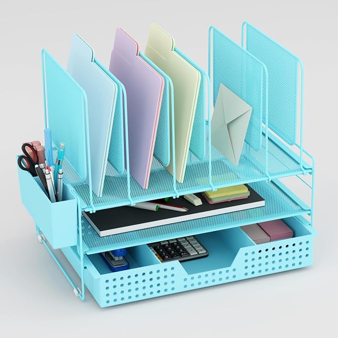 LEKETREE Teal Desk Organizer, Office Organization with Vertical File Holder, File Organizer with Drawer and Pen Holder, Desk Accessories and Workspace Organizers for Home Office (Sky Blue) by Stylishworkspaceeffortlessorganization