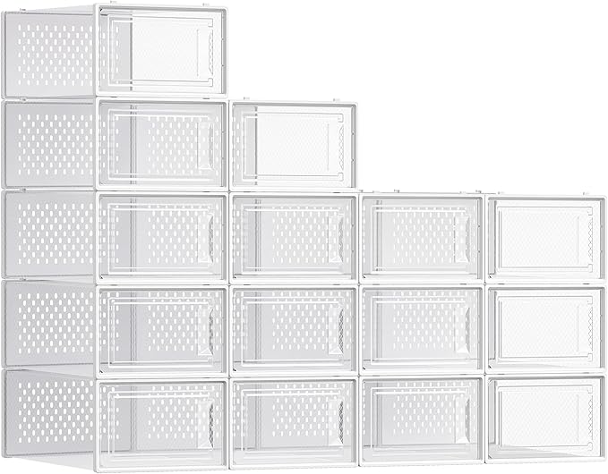 SONGMICS Shoe Boxes, Clear Plastic Sneaker Box, Pack of 15 | Stackable Shoe Storage Organizers, for Closet, 13.1 x 9.1 x 5.6 Inches, Transparent and White, DENNYS Collection ULSP015W02 by Unknown