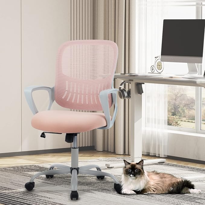 Sweetcrispy Ergonomic Home Office Desk Chair, Managerial Executive Chair | Mid-Back, Comfortable Armrests and Lumbar Support, 360° Rolling Wheels, Bedroom Study Room, Pink - Image 7