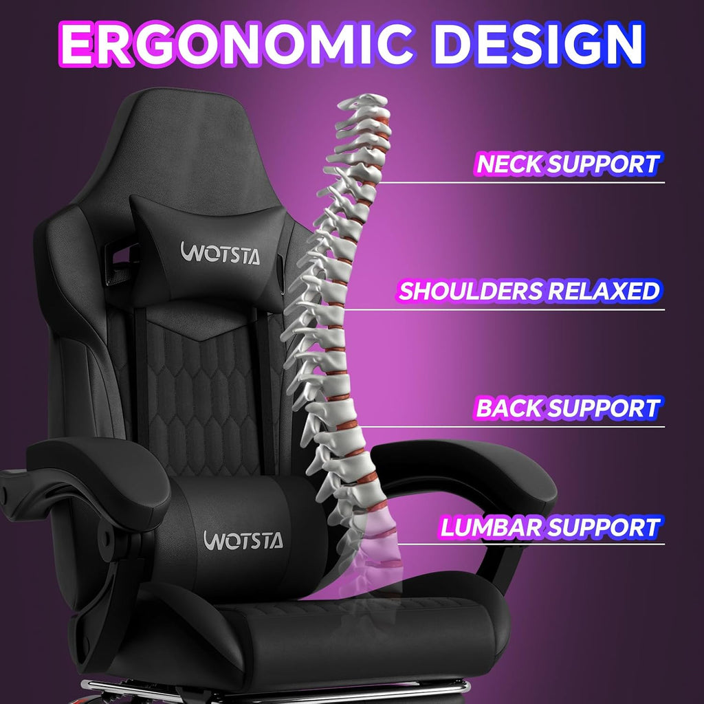 Gaming Chair with Footrest, High Back Gaming Chairs PVC Leather Ergonomic Gamer Chair with Adjustable Headrest Lumbar Support Racing Style Video Gaming Chair for Office/Home (Black) - Image 5