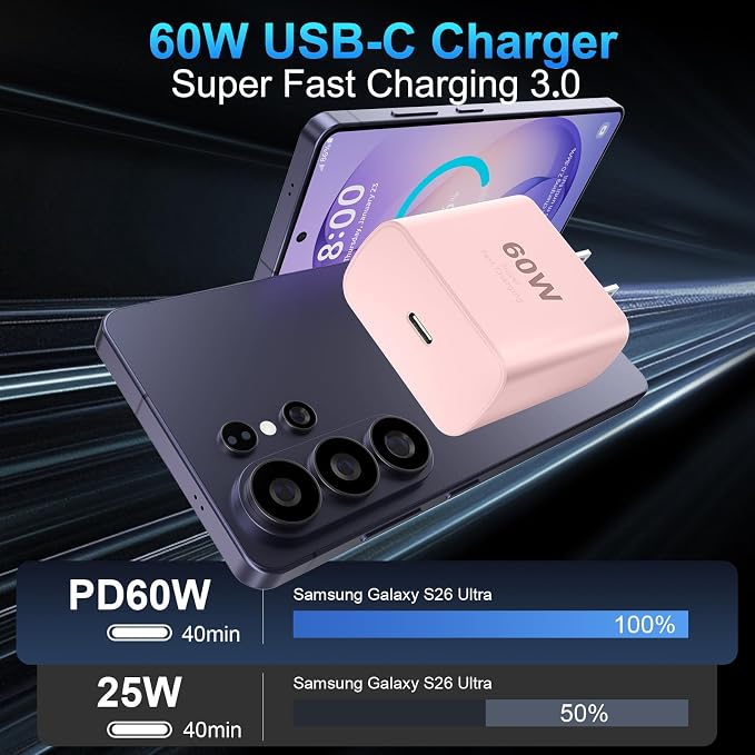 Super Fast Charger Type C 60W USB C Fast Charger Block with 10FT Extra Long Type-C Charging Cord-Super Fast Charging 3.0 for Samsung Galaxy S26 Ultra/S26/S26+/S25 /S24/S23 Ultra-Pink - Image 2