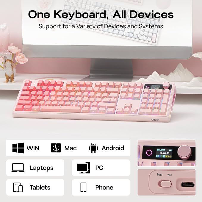 EPOMAKER TH108 V2 PRO Full Size Mechanical Keyboard with Screen&Knob | 10000mAh, BT/2.4Ghz, Mac Modifier PBT Keycap, RGB, Gasket, Wireless Gaming Keyboard for Mac/PC (Pink, Creamy Jade) - Image 6