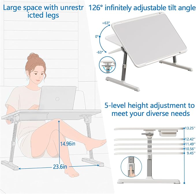 Potuopy Adjustable Lap Desk,Large Smooth Easy-Clean Wood Grain Desktop,Foldable Laptop Bed Tray Table with Storage Drawer,Portable Laptop Stand Fits 17" Laptop for Bed Couch Floor (Light Gray) - Image 3
