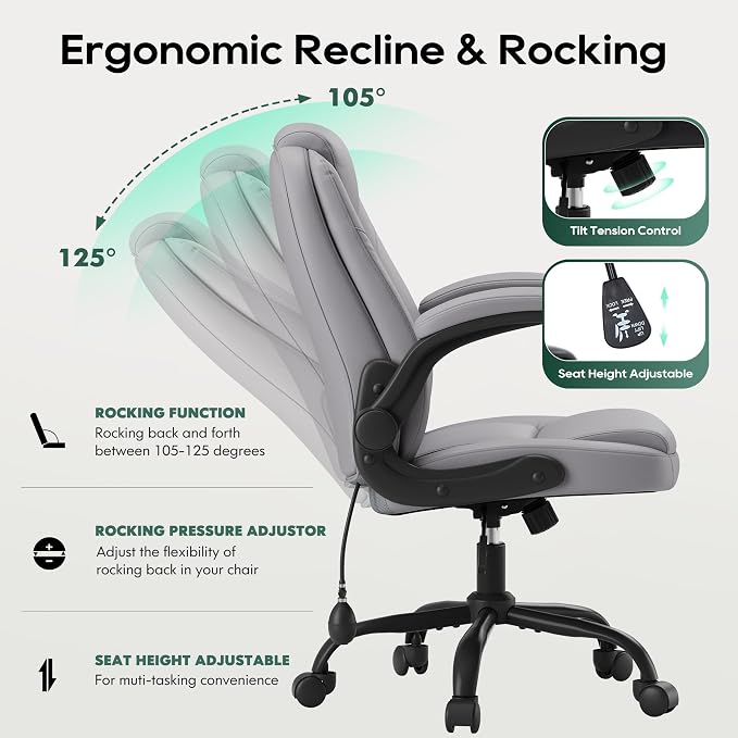 MALOL Leather Office Chair with Adjustable Lumbar Support Set of 2, Grey | Computer Desk Chair with Thick Cushion, Flip-Up Arms and Ergonomic Back, Comfy Executive Office Chair for Home Office Gaming - Image 7