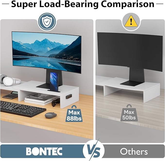 BONTEC Dual Monitor Stand Riser, Adjustable Length & Swivel Angle, White | Ergonomic Wooden Desktop Organizer with Smartphone Holder, Computer Monitor Stand for PC, Laptop, Printer and Large Storage - Image 5
