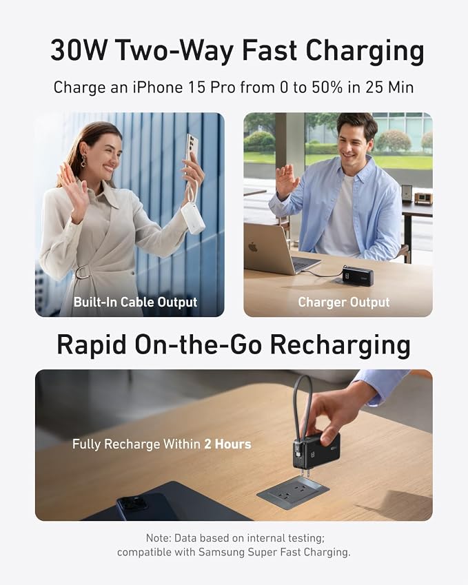 Anker Nano 3-in-1 Portable Charger,10,000mAh 30W Travel Power Bank | Battery Pack with Built-In USB-C Cable and Foldable Wall Plug, for iPhone 17 / 16 / 15 Series (Blue) - Image 3