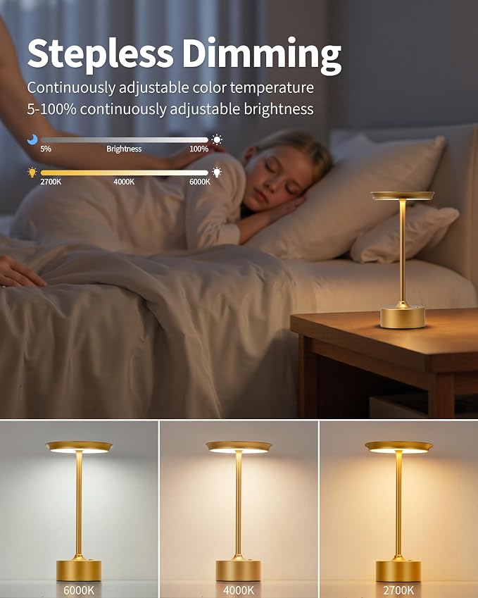 PUSU Rechargeable Table Lamps Set of 2, Gold Cordless Portable Desk Lamp | 4000mAh Battery, Stepless Dimming & 3 Color 2700K-6000K, LED Lamp for Bedroom, Living Room, Restaurant, Outdoor, Night Light - Image 4