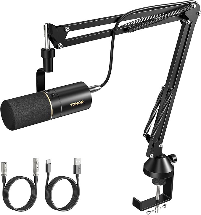 TONOR Dynamic Podcast Microphone, XLR/USB Mic for Podcasting, Recording, Streaming, XLR Cardioid Studio Mic with Quick Mute, 3.5mm Headphone Jack, Volume Control, Microfono with Boom Arm, Black,TD510+ by TONOR