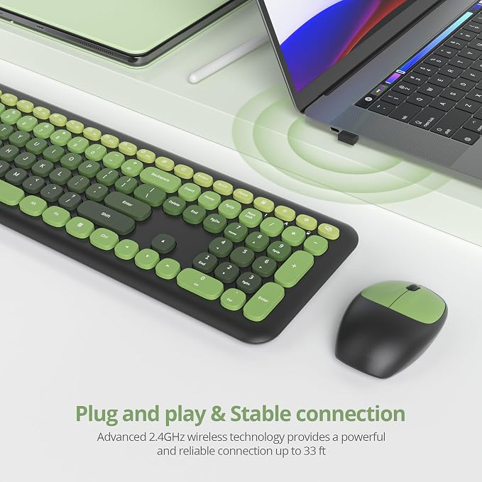 Surmen Dark Green Keyboard and Mouse Wireless Quiet, Full-Size Girly Cute Keyboard Mouse Retro Typewriter Low-Noise 2.4GHz for Computer, Desktop, Laptop (6-Black Green) - Image 3