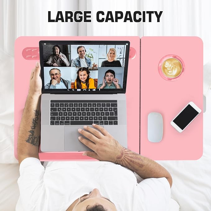 CloudTrip Plus XL Adjustable 17in Laptop Desk with Light, USB Port, iPad Holder, Drawer Storage - Larger 23.6IN Adjustable Lap Desk for Bed, Home Office, Breakfast Tray, Fordable Legs Desk (Pink) - Image 6