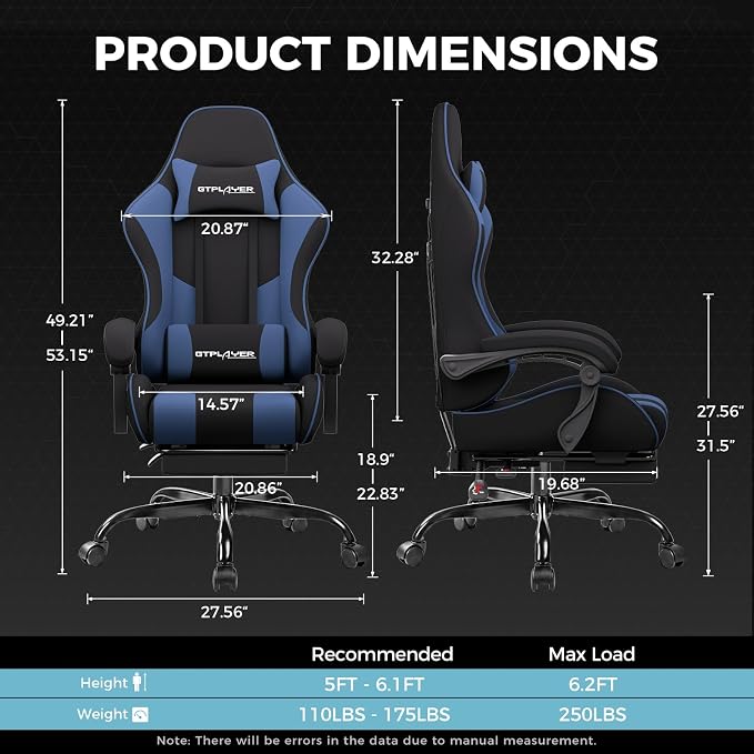 GTPLAYER Gaming Chair, Computer Chair with Footrest and Lumbar Support, Height Adjustable Game Chair with 360°-Swivel Seat and Headrest and for Office or Gaming (Blue, Fabric) - Image 3