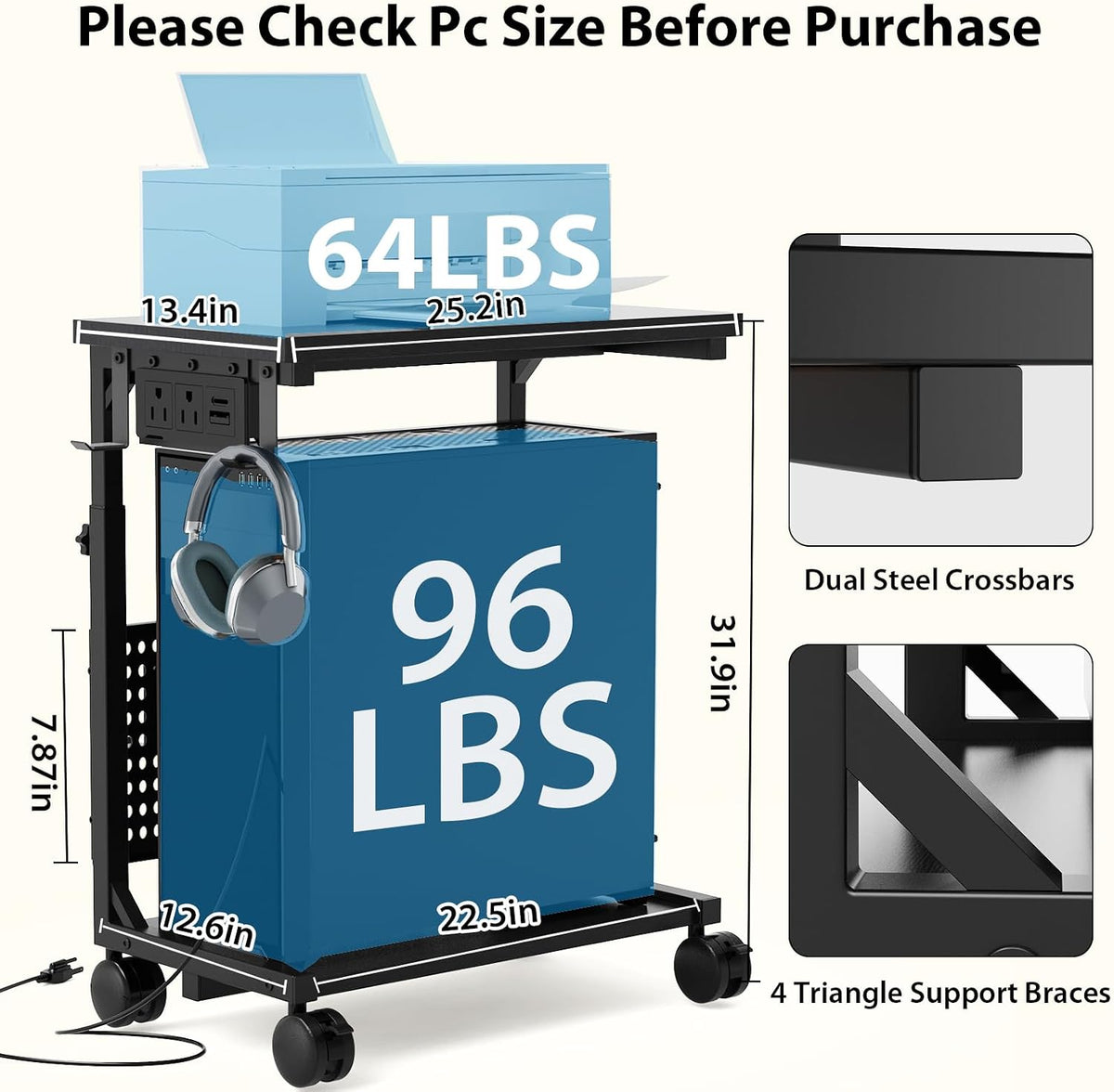 Adjustable Computer Tower Stand with Charging Station & Pegboard,Large - Image 3