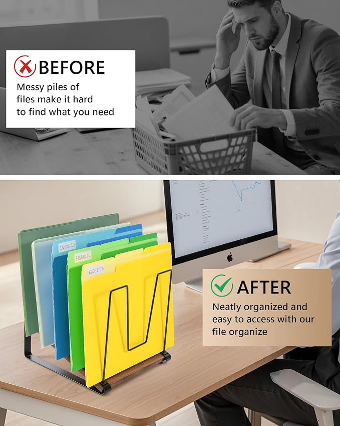 HULISEN 2 Pack Desk File Organizer, 5-Section Desktop File Folder Holder | Visible Tiered Design, Metal Rack with Wood Base, Vertical Storage for Binders Documents & Magazines, Classroom Office Use - Image 8